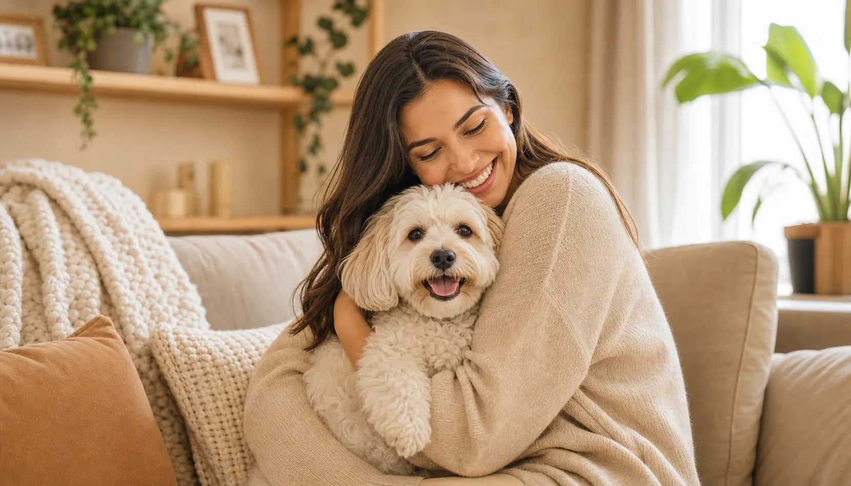 Tutora abraçando um cachorro branco em uma sala aconchegante
