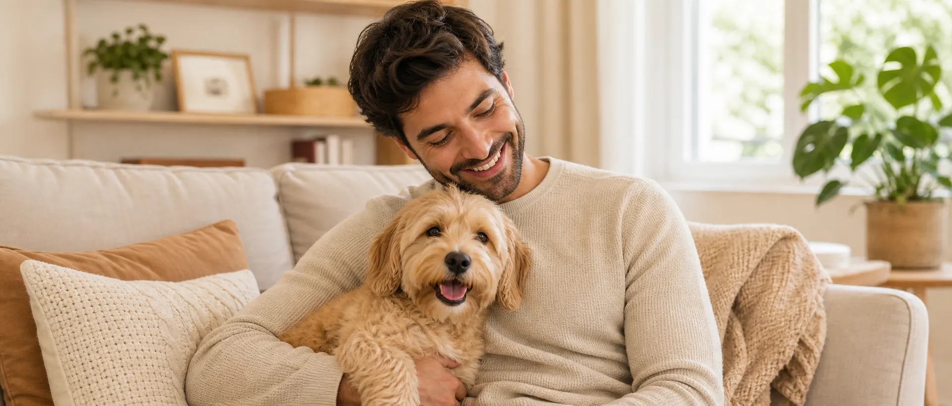 Tutor sorrindo ao lado de um cachorro em casa