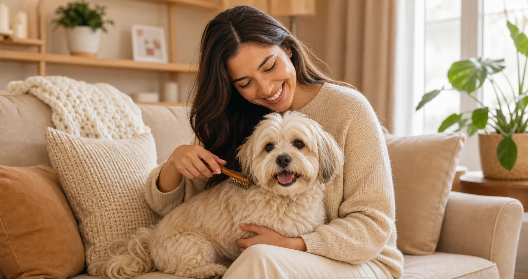 Tutora cuidando de um cachorro pequeno em casa
