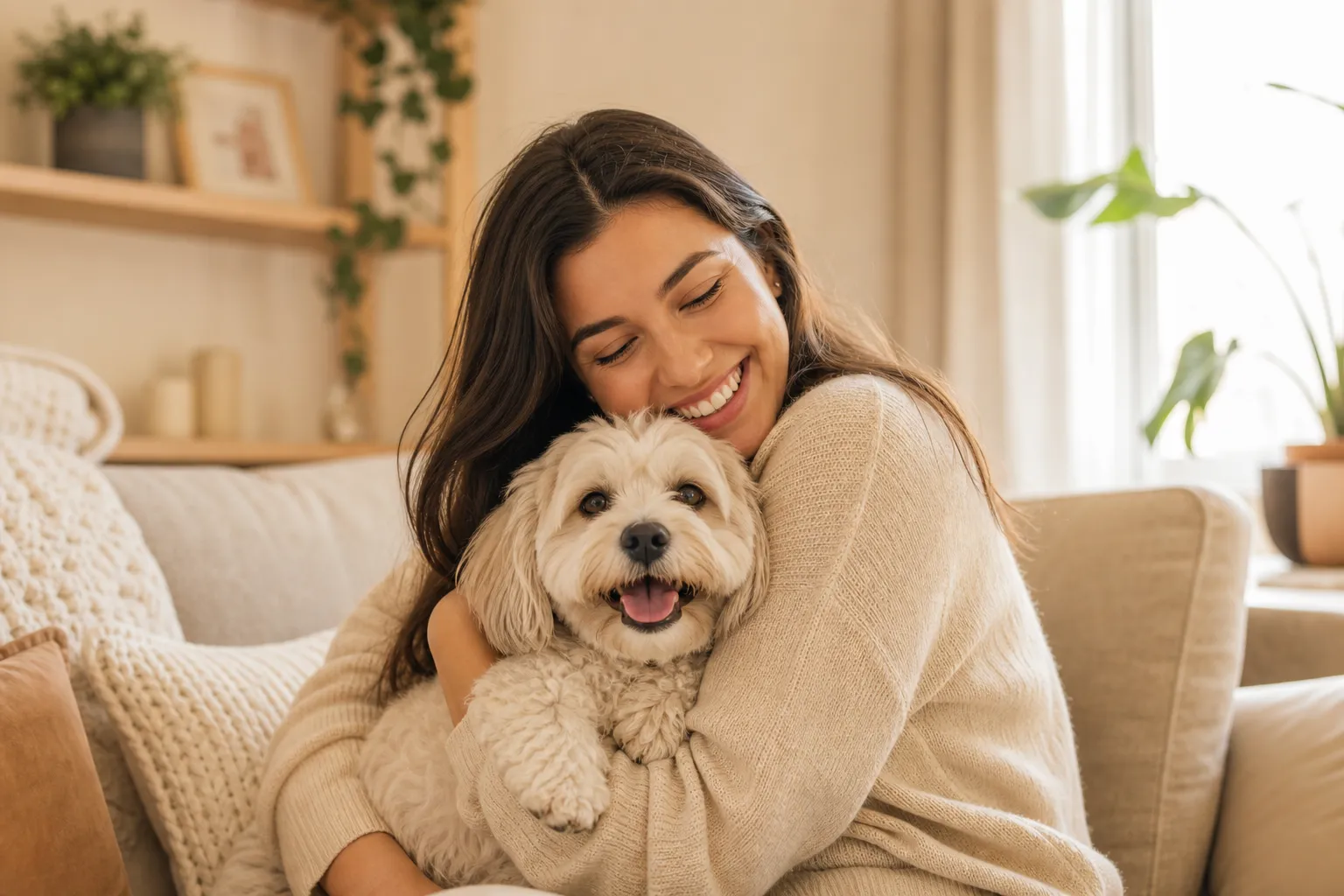Tutora sorrindo ao abraçar um cachorro em um ambiente acolhedor